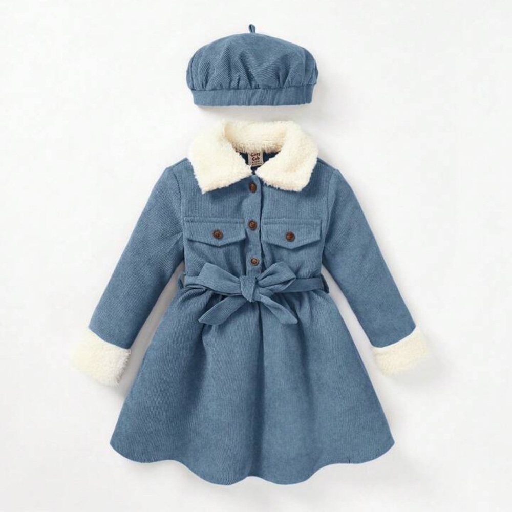 Plush Collar Long Sleeve Waisted Dress with Hat